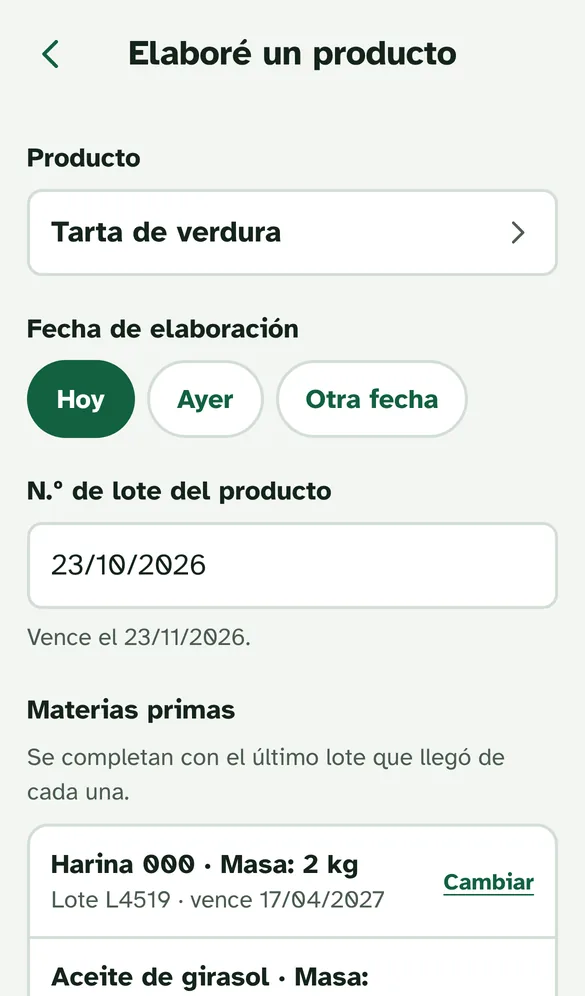 Pantalla Elaboré un producto con el lote, el vencimiento y las materias primas completadas